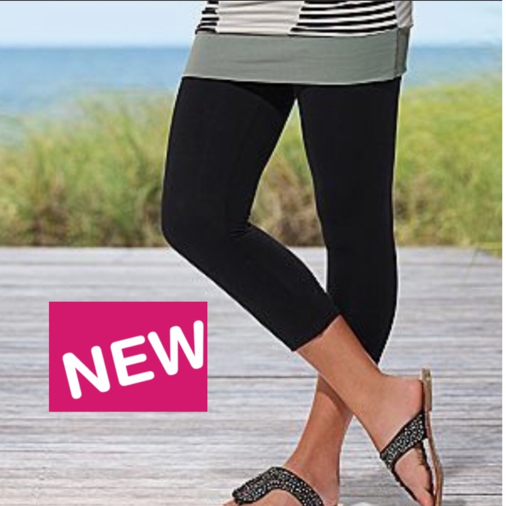 OS NEW Womens Solid Black Capri Leggings YOGA WAIST Crop Pants